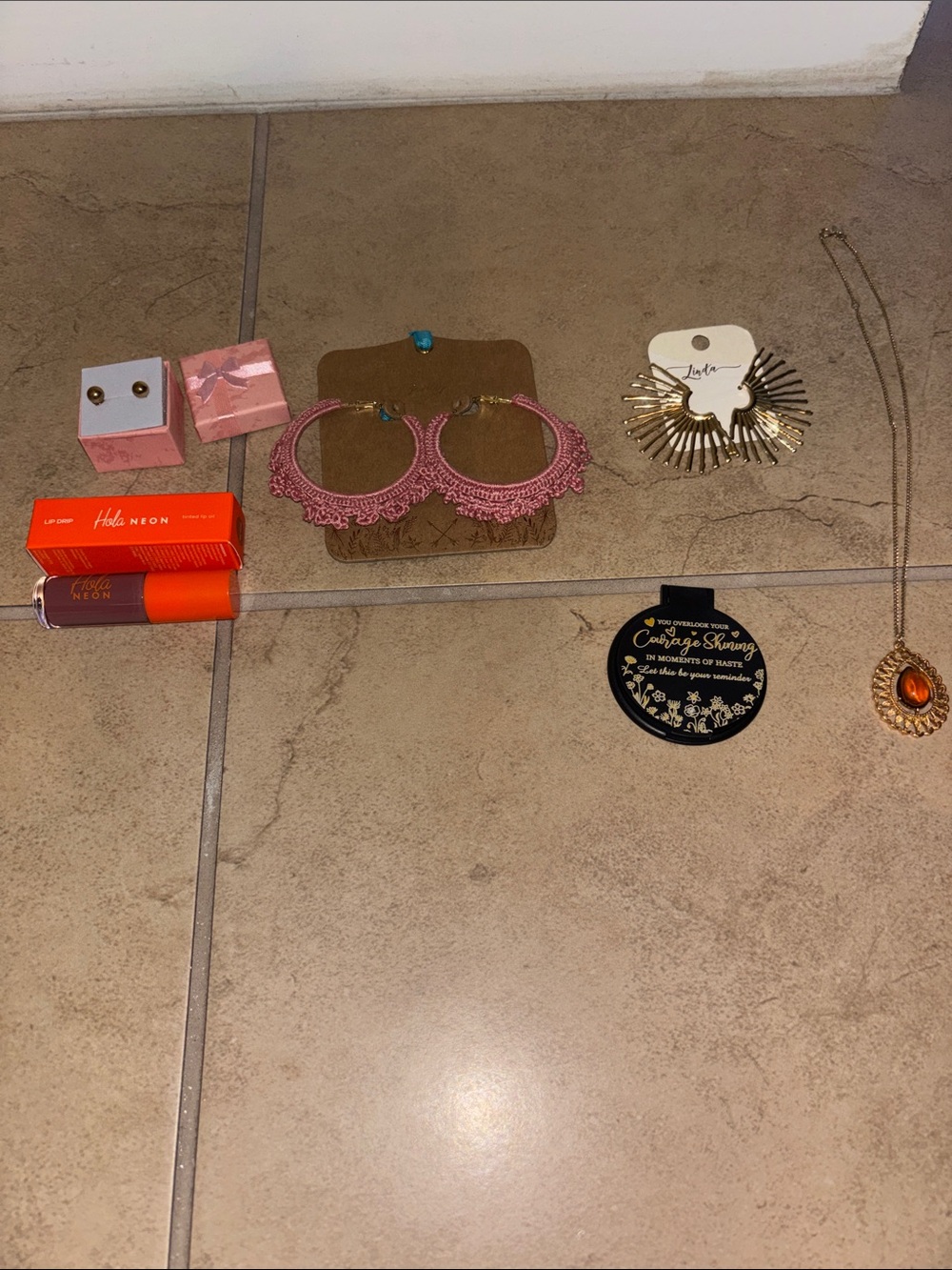 Bundle 3 pairs of  Earrings  lip oil compact mirror and necklace